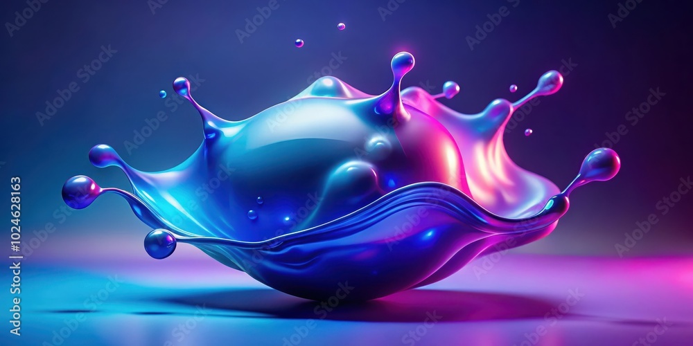 Fototapeta premium A vibrant blue liquid splash with iridescent highlights against a gradient backdrop of purple and blue