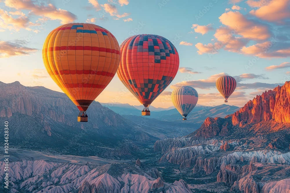 Fototapeta premium whimsical hot air balloons drifting over majestic red rock canyon golden hour light vibrant colors against deep blue sky sense of adventure