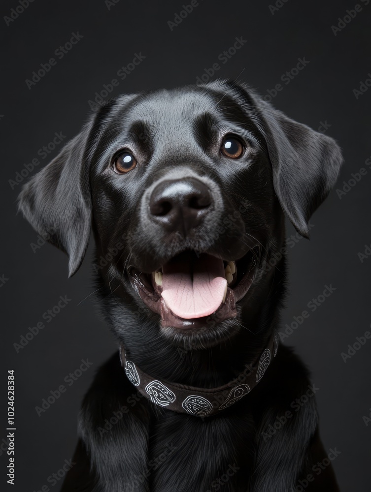 Joyful black Labrador retriever with a playful expression against a simple dark background showcasing its friendly demeanor Joyful black Labrador retriever with a playful expression against a simple dark background showcasing its friendly demeanor