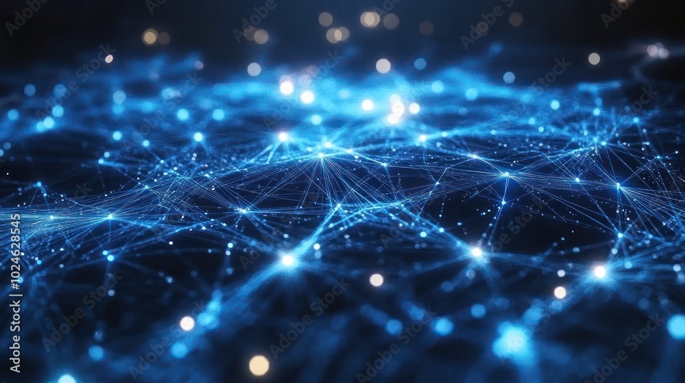 A digital representation of interconnected networks with glowing nodes and lines. A digital representation of interconnected networks with glowing nodes and lines.