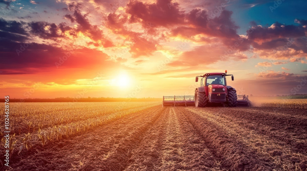 A tractor plows a field at sunset, highlighting agricultural activity and rural beauty. A tractor plows a field at sunset, highlighting agricultural activity and rural beauty.