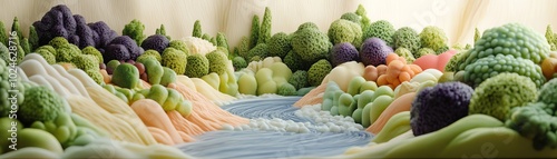 Whimsical landscapes of edible mountains and rivers, vibrant colors, surreal food sculptures photo