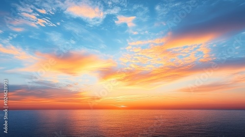 Golden Sunset Sky Over Ocean. Dramatic Sunset Sky With Burning Orange Clouds Over Calm Sea Horizon.