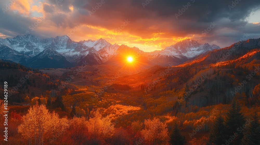 A breathtaking view of a mountain range with snow-capped peaks in the distance, bathed in the warm glow of a sunset. The foreground is a dense forest with vibrant autumn foliage. A breathtaking view of a mountain range with snow-capped peaks in the distance, bathed in the warm glow of a sunset. The foreground is a dense forest with vibrant autumn foliage.