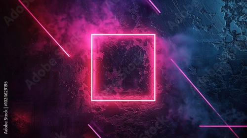 Neon pink square frame mockup with smoky glow illuminates textured wall. Futuristic border template advertising image. Night life urban aesthetic mock up product photorealistic