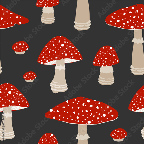Seamless Pattern with Hand Drawn Fly Agaric Mushrooms on a Dark Background. Amanita Muscaria Cartoon Design Template. Vector illustration.