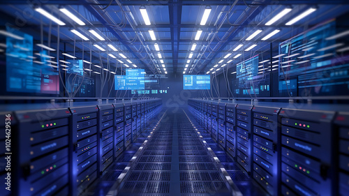 high-tech data warehouse, featuring rows of modern servers with blinking lights in a vast, secure facility, data center, big data