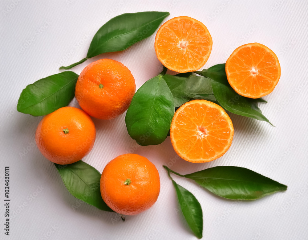 mandarin oranges and green leaves, either whole or halved, isolated on a white background mandarin oranges and green leaves, either whole or halved, isolated on a white background
