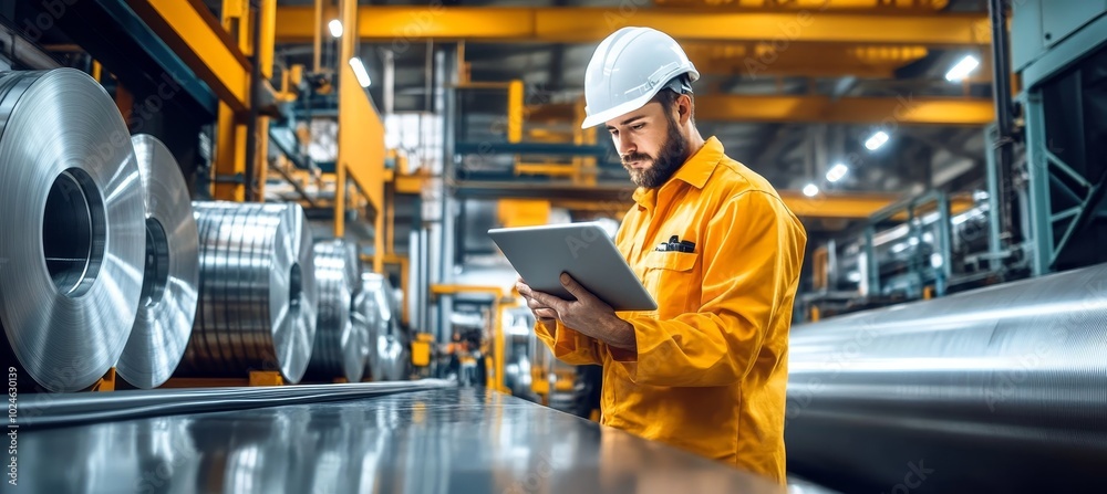 Factory Worker in Hard Hat Using Digital Tablet for Quality Control in Modern Industrial Facility Factory Worker in Hard Hat Using Digital Tablet for Quality Control in Modern Industrial Facility