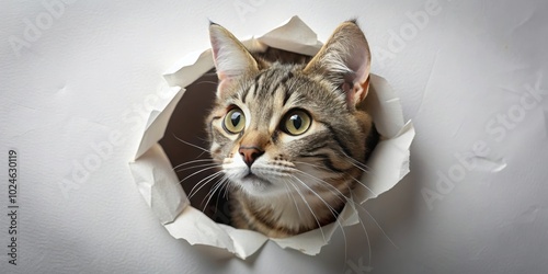 A curious tabby cat peers through a torn piece of paper with inquisitive green eyes, its whiskers twitching as it investigates the world beyond the hole. photo