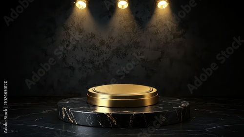 A luxurious golden podium illuminated by dramatic stage lights, set against a dark, textured background.