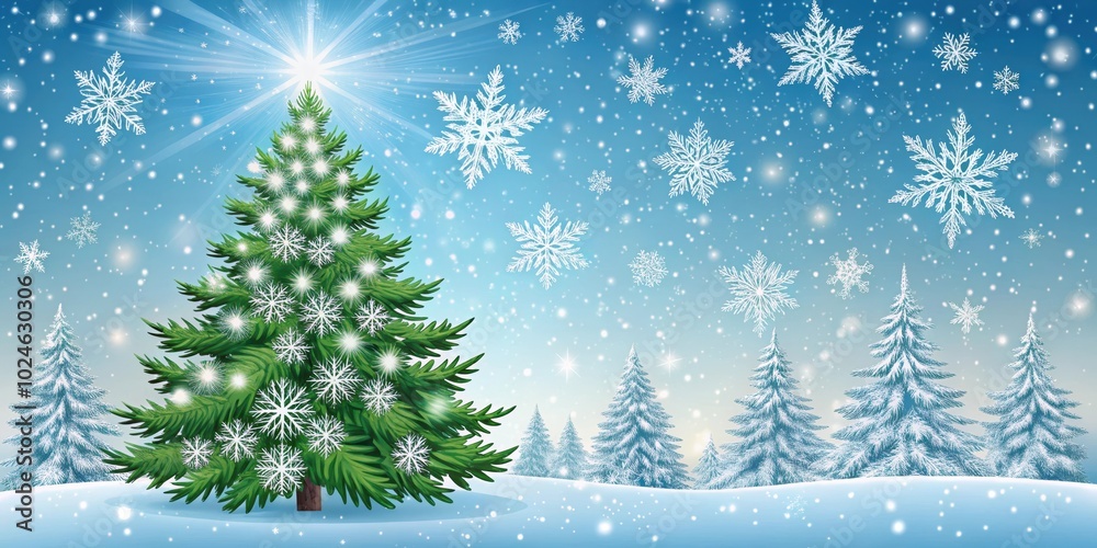 A single Christmas tree with sparkling lights stands tall in a snowy winter forest, illuminated by a bright, warm glow