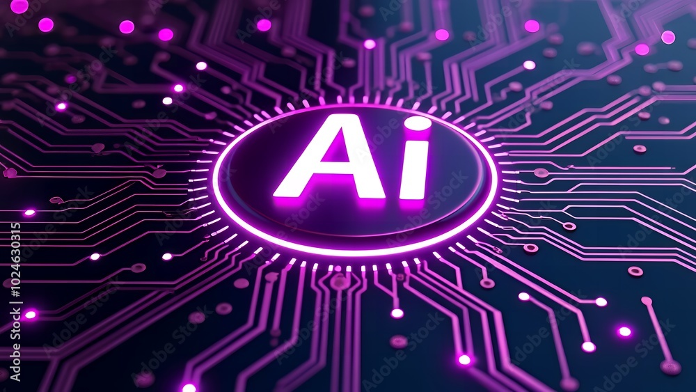 Fototapeta premium AI Chip with Glowing LEDs on 3D Electronic Circuit Board