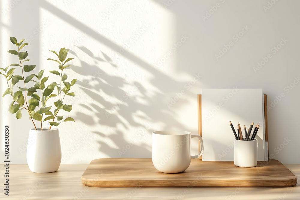 Minimalist workspace with a plant, mug, and stationery on a wooden table. Minimalist workspace with a plant, mug, and stationery on a wooden table.