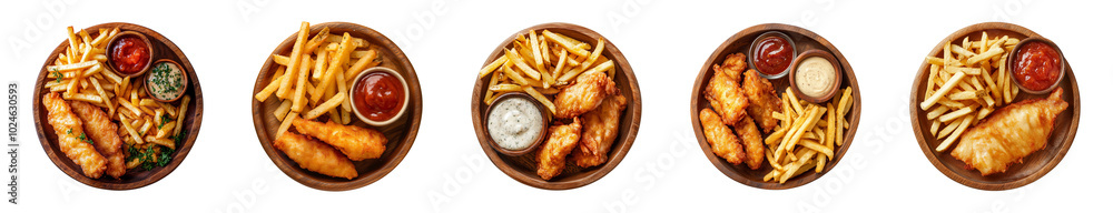 fish and chips with french fries and dipping sauce on a wooden plate isolated on a transparent or white background, top view, cut-out, PNG fish and chips with french fries and dipping sauce on a wooden plate isolated on a transparent or white background, top view, cut-out, PNG