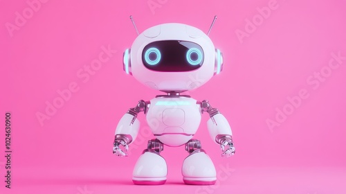 A cute, futuristic robot with glowing eyes stands against a pink background.