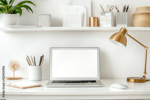 Modern workspace with laptop, stationery, and decorative items on a tidy desk. photo