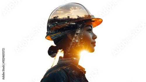 Double exposure of a woman in a helmet and mining equipment, symbolizing the industrial era on a white background with copy space for text