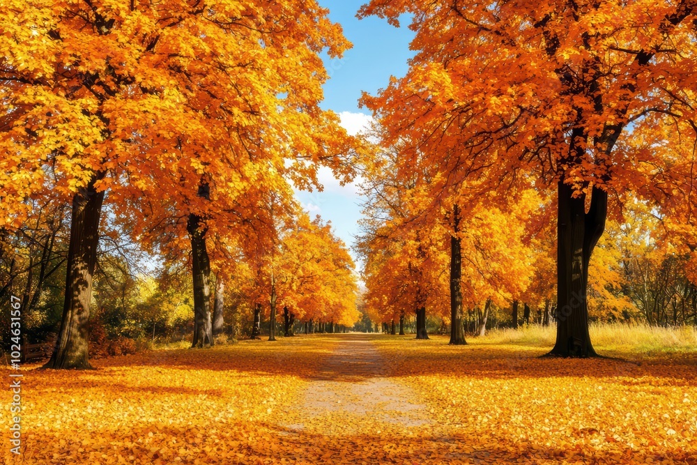 Naklejka premium A scenic pathway framed by vibrant orange autumn trees under a clear blue sky.