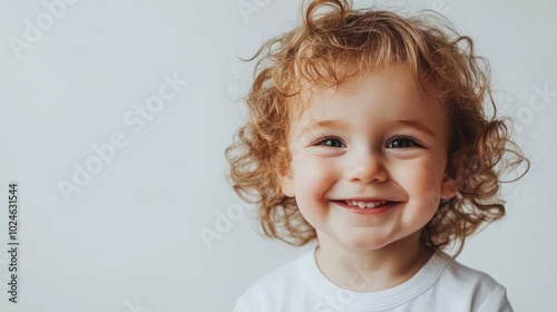 A smiling child with curly hair against a light background.