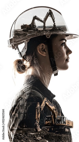 Double exposure of a woman in a helmet and mining equipment, symbolizing the industrial era on a white background with copy space for text