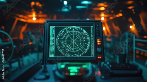 A control panel displaying a radar-like interface in a dimly lit, futuristic environment.