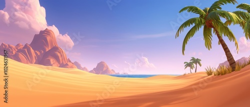 A serene desert landscape with golden sands, palm trees, and distant mountains under a bright blue sky.