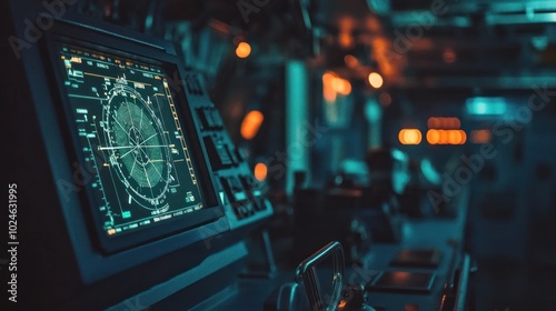 Control room with advanced radar display and ambient lighting for navigation.
