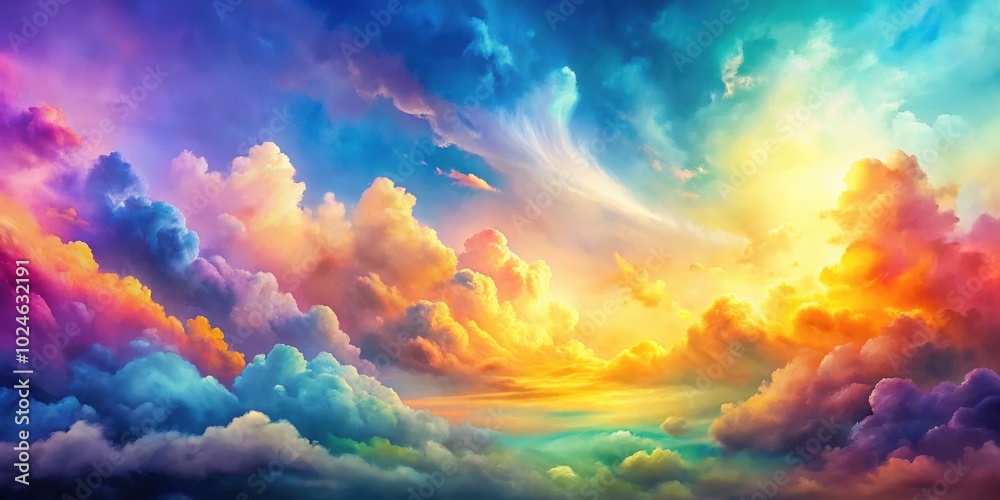 A vibrant and colorful sky filled with fluffy clouds, painted with hues of pink, blue, yellow and orange. A vibrant and colorful sky filled with fluffy clouds, painted with hues of pink, blue, yellow and orange.