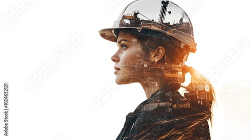 Double exposure of a woman in a helmet and mining equipment, symbolizing the industrial era on a white background with copy space for text