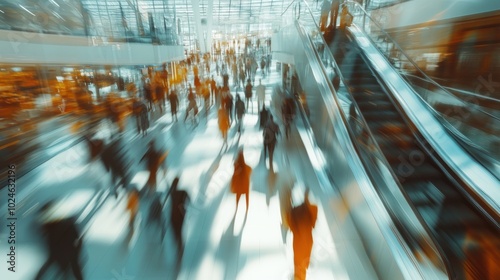 A blurred image of a bustling crowd of people walking through a modern building with an escalator in the background.