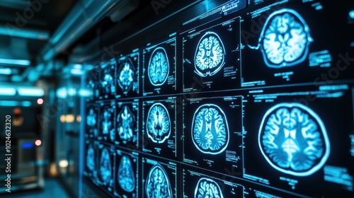 A series of brain MRI scans displayed for medical analysis and research.