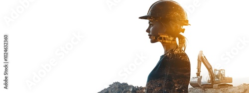 Double exposure of a woman in a helmet and mining equipment, symbolizing the industrial era on a white background with copy space for text