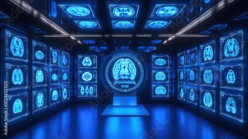 A futuristic room displaying brain scans in blue light for medical analysis.