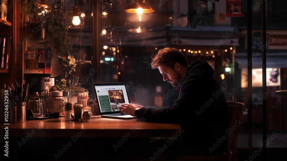 A focused individual works on a laptop at a cozy cafe during the evening in a bustling urban area A focused individual works on a laptop at a cozy cafe during the evening in a bustling urban area
