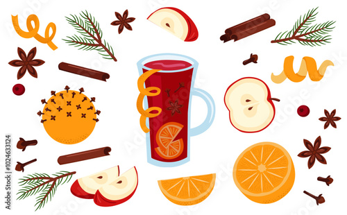 Stock vector mulled wine ingredients. Set with punch in glass, citrus fruit, spices. Vector illustration set.