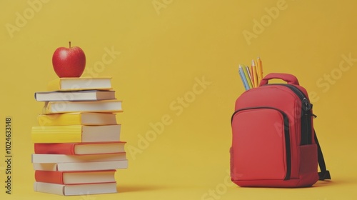 Wallpaper Mural A stack of books with an apple on top beside a red backpack. Torontodigital.ca