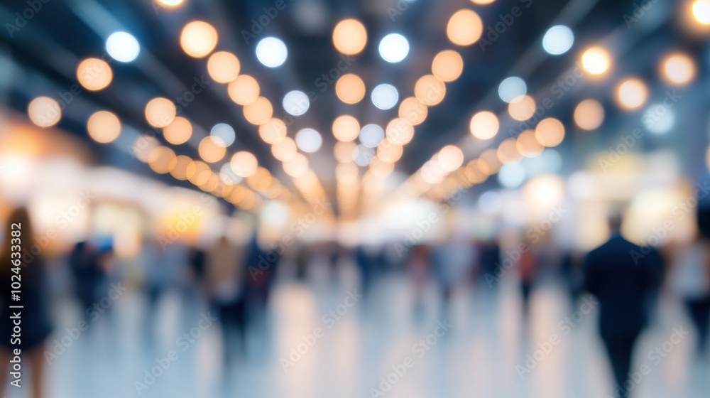 A blurred view of a busy event or exhibition space filled with people and lights. A blurred view of a busy event or exhibition space filled with people and lights.