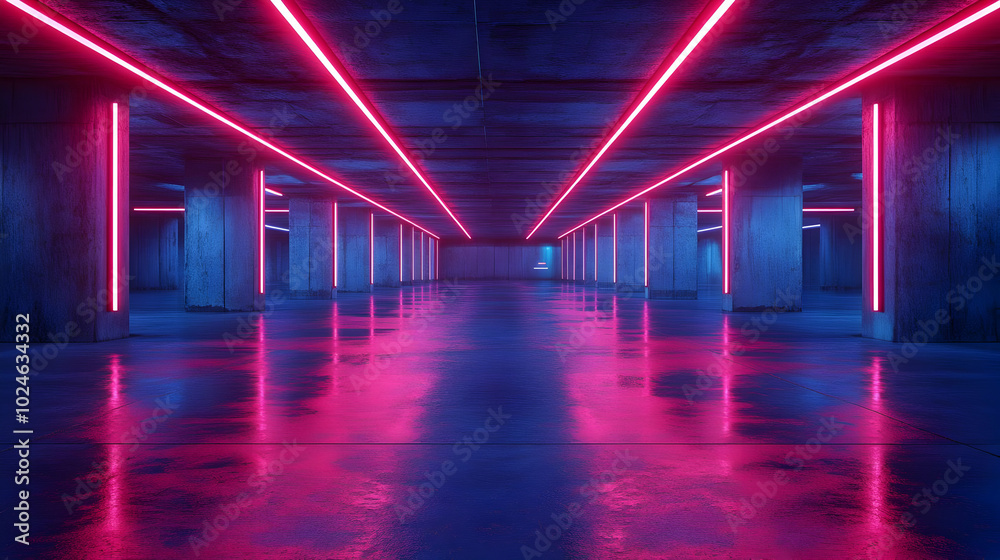 Neon Glow in a Concrete Tunnel 3D Illustration Neon Glow in a Concrete Tunnel 3D Illustration