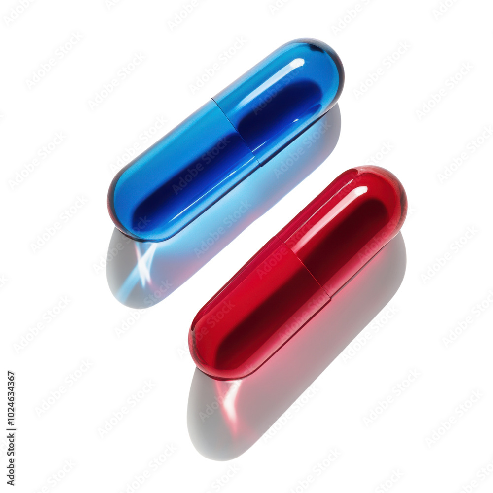 Colorful blue and red soft gel capsules on a white background spotlighted for clarity Colorful blue and red soft gel capsules on a white background spotlighted for clarity