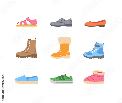 Kids shoes collection. Basic types of footwear for children. Sneakers, sandals, winter boots, ballet flats, espadrilles. Simple color flat icons for kids clothing shop. Side view pictograms, isolated
