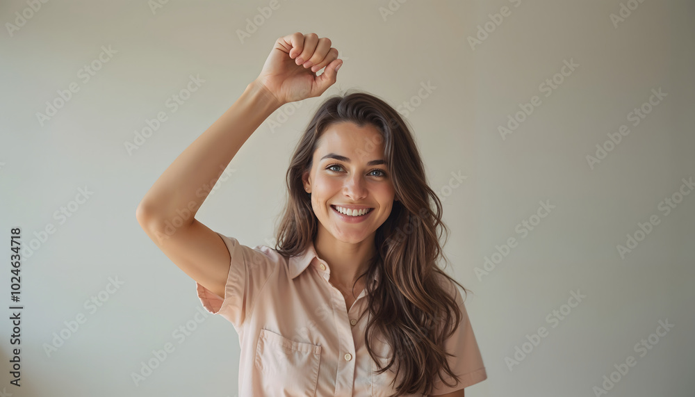 Cheerful young woman raising her fist in celebration with a joyful smile against a light background Cheerful young woman raising her fist in celebration with a joyful smile against a light background
