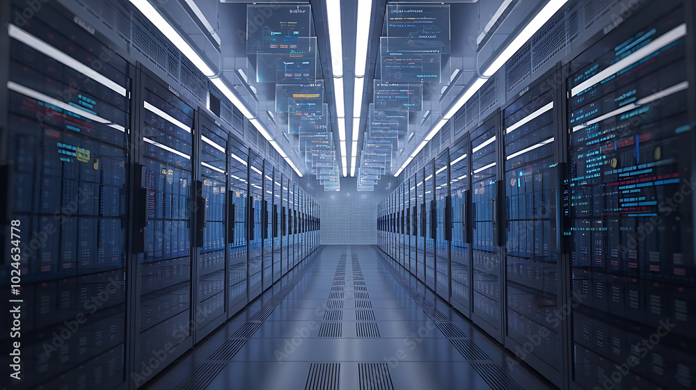 high-tech data warehouse, featuring rows of modern servers with blinking lights in a vast, secure facility, data center, big data high-tech data warehouse, featuring rows of modern servers with blinking lights in a vast, secure facility, data center, big data