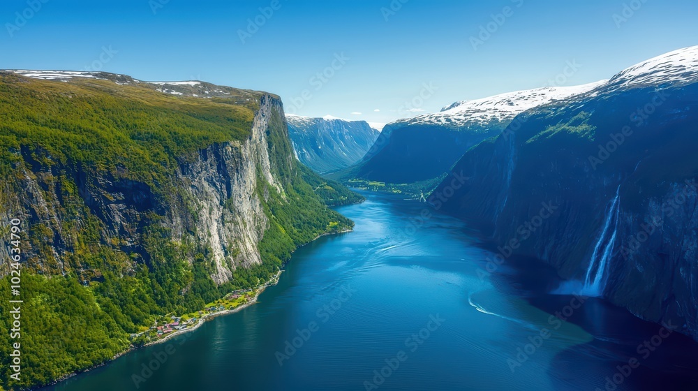 Fototapeta premium Breathtaking fjord landscape with steep cliffs and clear blue waters under a clear sky.