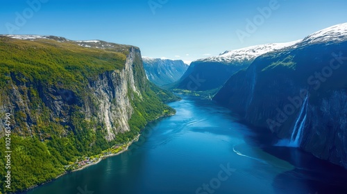 Breathtaking fjord landscape with steep cliffs and clear blue waters under a clear sky.