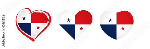 Set of cute hearts with Panaman flag inside. Collection of decorative labels. T shirt graphic logo. Souvenir design. Travel business branding icon. Tourism emblem. Isolated shape. I Love Panama city