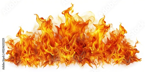 Blazing inferno of fire isolated on white background with vibrant orange and yellow flames, creating a dramatic and energetic visual.