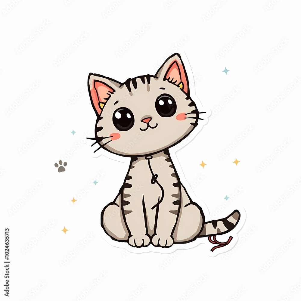 Obraz premium Cute cartoon cat with big eyes sitting on a white background.