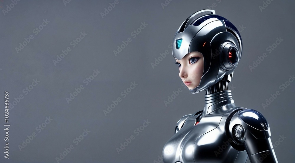 sleek and futuristic female android on gray with room for text sleek and futuristic female android on gray with room for text