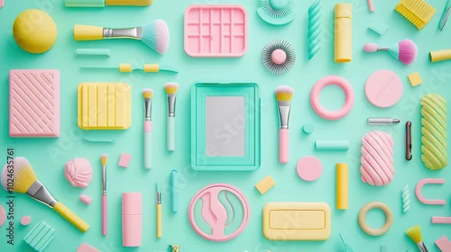 Fototapeta samoprzylepna Colorful arrangement of beauty tools and accessories on a mint background.